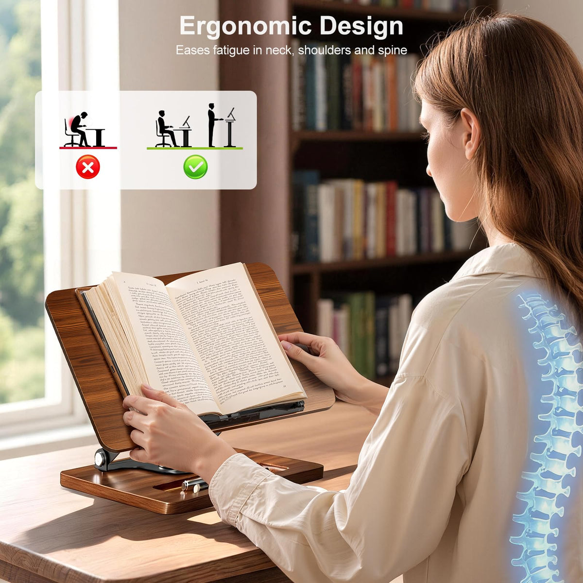 OPTIXCELL Book Stand for Reading, 360° Rotating Book Holder, Page Clips