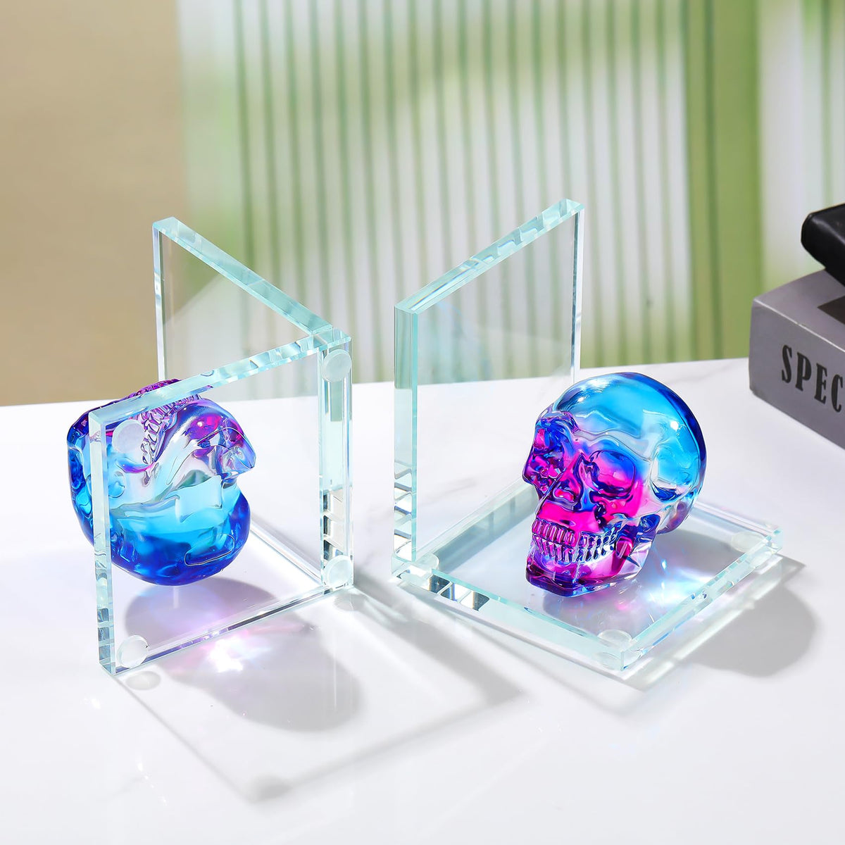 Glass Skull Book Ends for Shelves with Blue and Purple Crystal Skulls