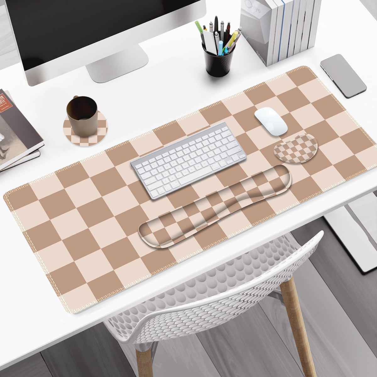 Beige Khaki Checkered Mouse Pad Set, 4 in1 Large Gaming Ergonomics Keyboard Desk Mat with Memory