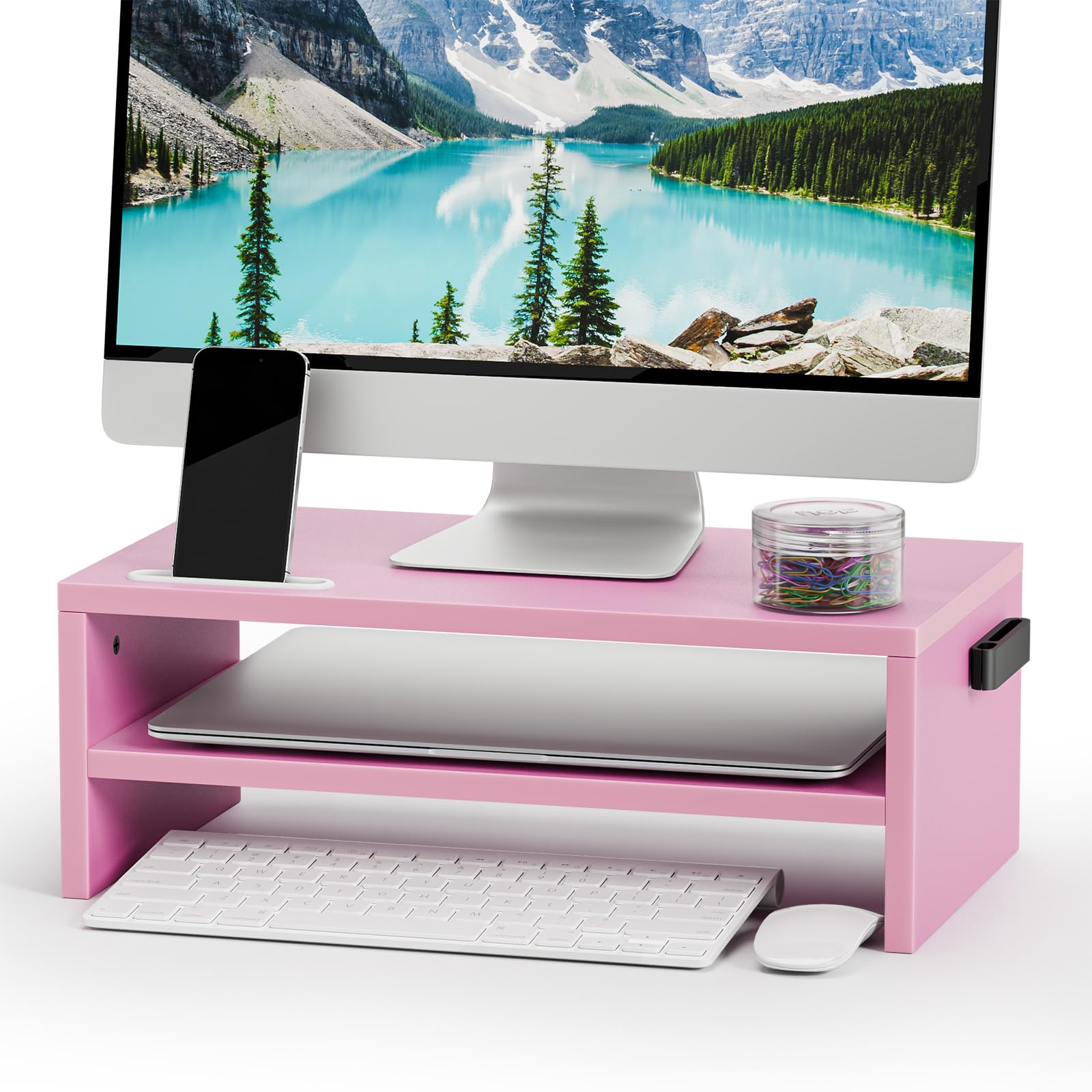 Marbrasse Wood Monitor Stand Riser,Desk Computer Printer Shelf Stand，Pink