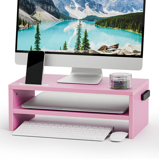 Marbrasse Wood Monitor Stand Riser,Desk Computer Printer Shelf Stand，Pink