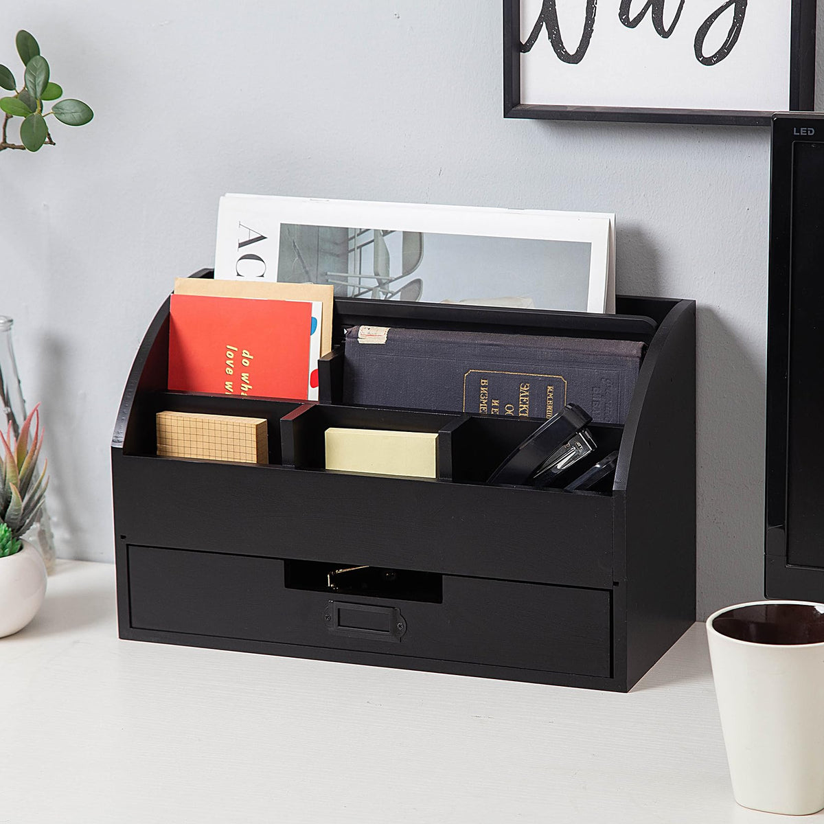 canwedance Distressed Rustic Wooden Office Desk Organizer 5 Compartment with 2 Drawer &Counter Desk