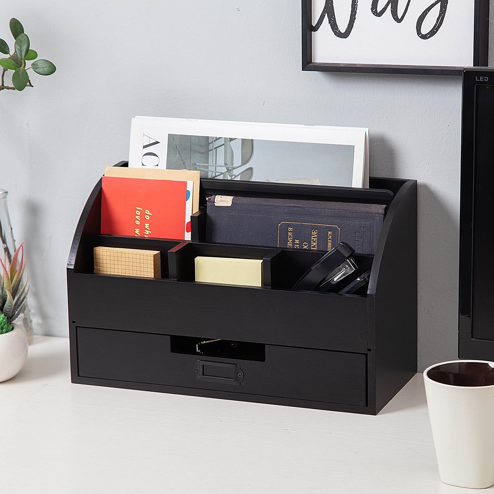 canwedance Distressed Rustic Wooden Office Desk Organizer 5 Compartment with 2 Drawer &Counter Desk