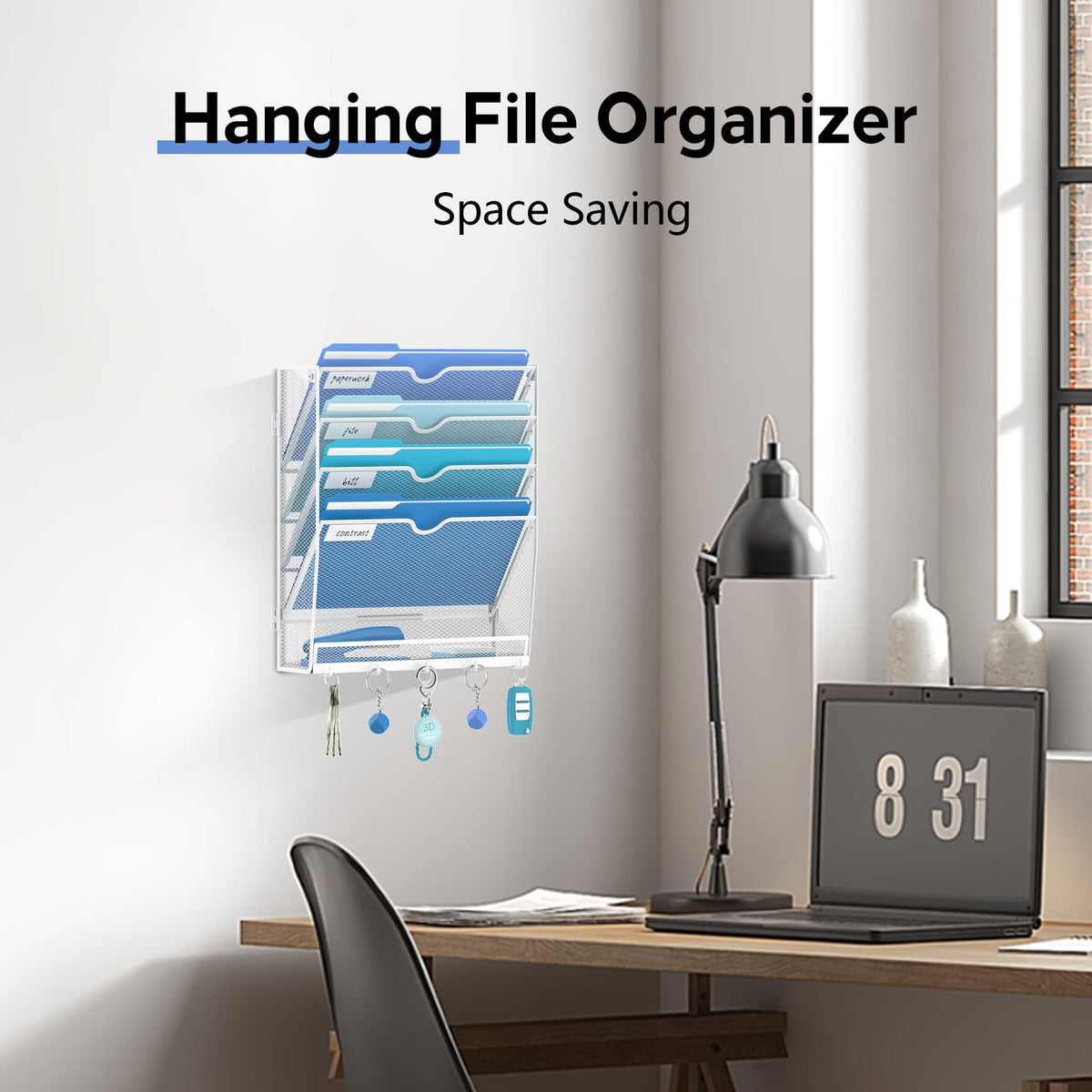 JMHUD 5-Tier Wall File Organizer and Mail Organizer with 5 Hooks, White
