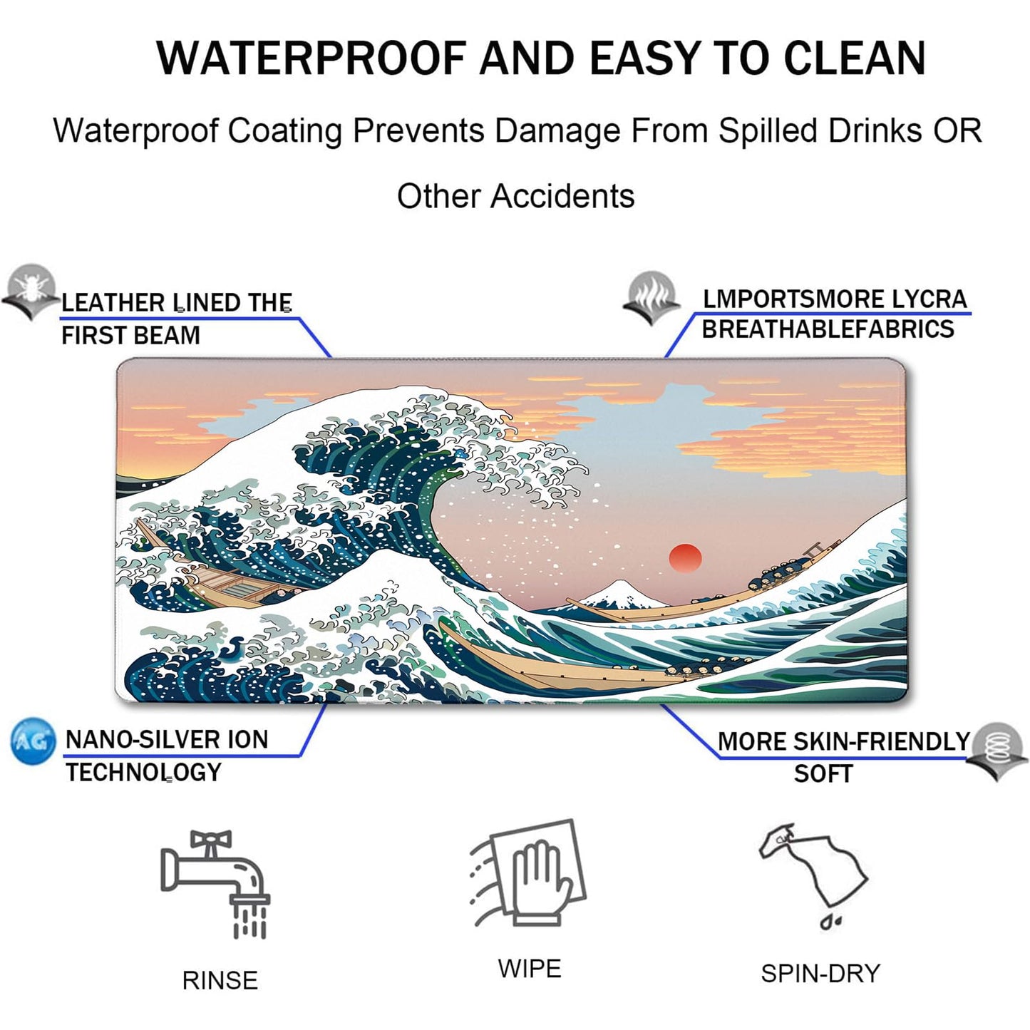 Japanese Large Gaming Mouse Pad with Extended Stitched Edges, 31.5X15.7In Durable Non-Slip Natural