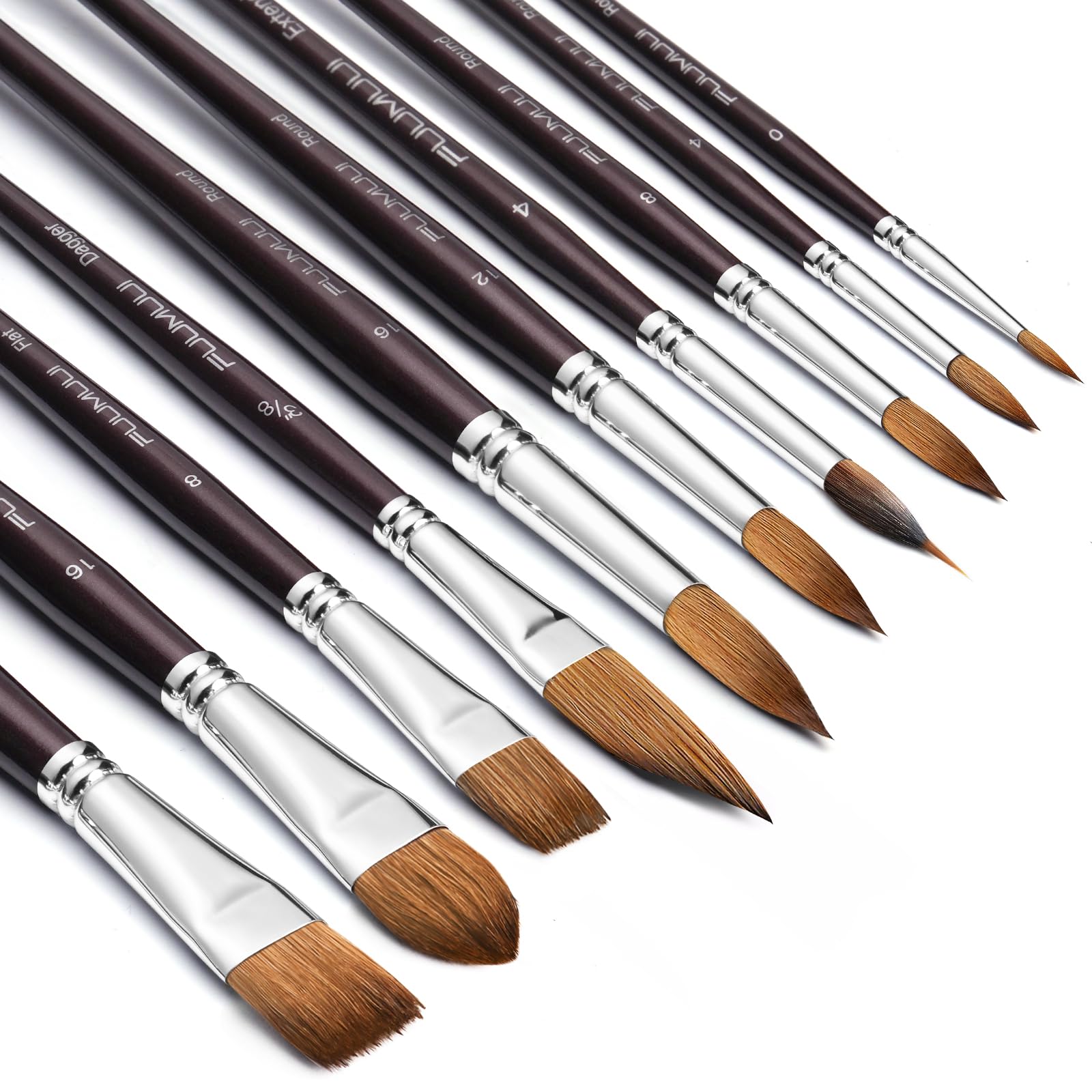 Fuumuui Sable Watercolor Brushes, Professional 10Pcs Sable Paint Brush Set Variety Shapes with