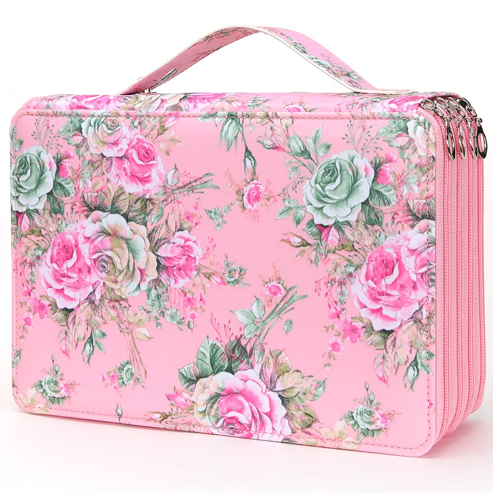 Vomgomfom 200 Slots Pencil Case 4-Layer PU Leather, Handle, Pink Rose