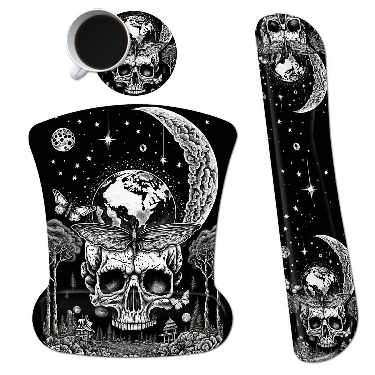 Ergonomic Memory Foam Keyboard Wrist Rest Pad Set, Skull Moon Butterfly