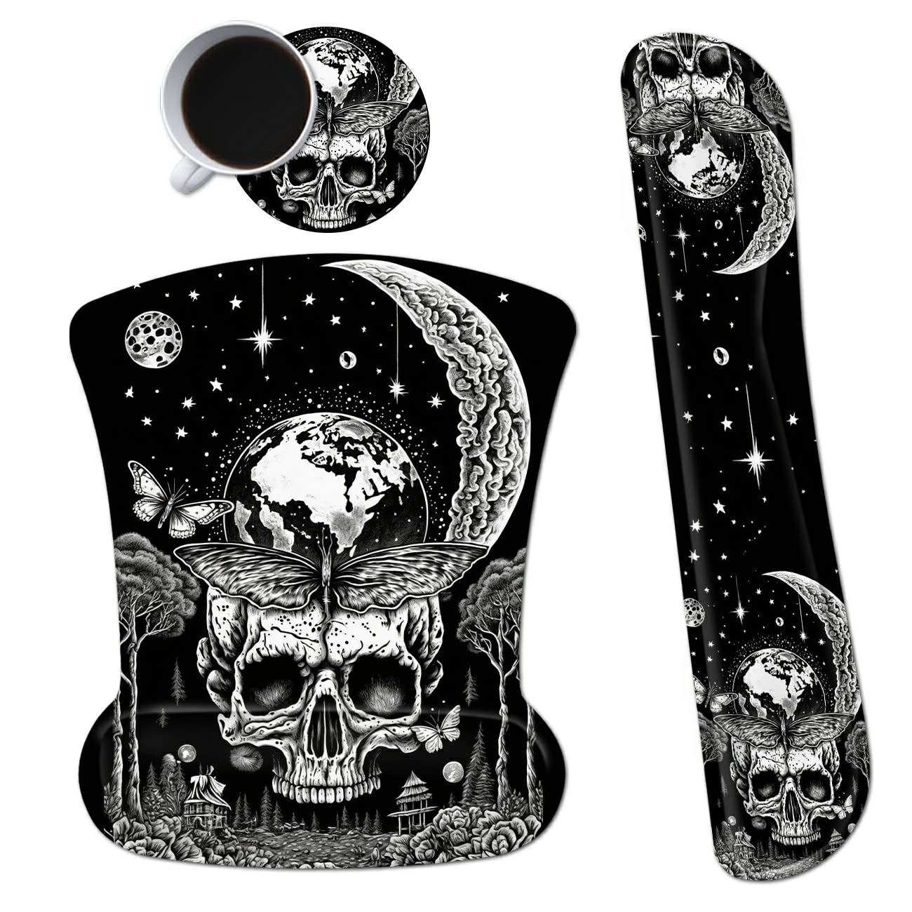 Ergonomic Memory Foam Keyboard Wrist Rest Pad Set, Skull Moon Butterfly