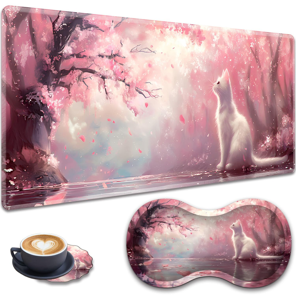 3-Piece Cherry Blossom Cat Mouse Pad Set, Including Wrist Support Pad and Cup Holder, with
