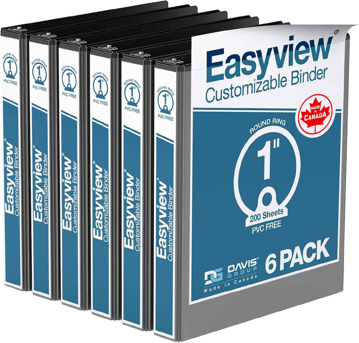 Easyview 3-Ring Binder, Clear-View Cover, 1" Round Rings, Black, 6 Pack