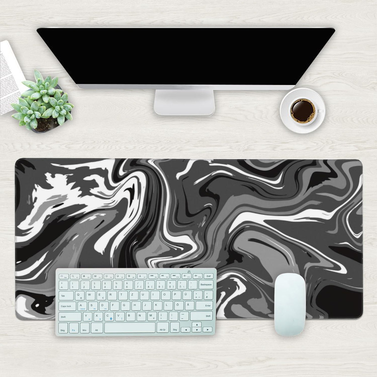 Desk Mat, Abstract Black White Ink Liquid Waves Extended Gaming Mouse Pad Large, 35.4"x15.7" Big