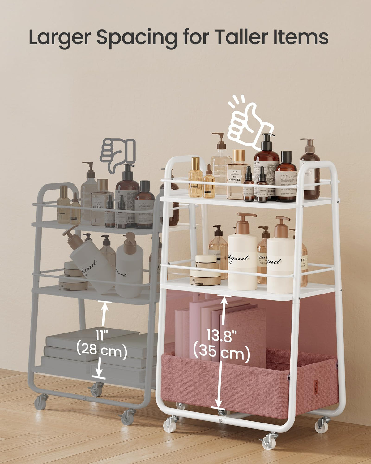 VASAGLE Storage Cart with Fabric Basket, 3-Tier Rolling Utility Cart