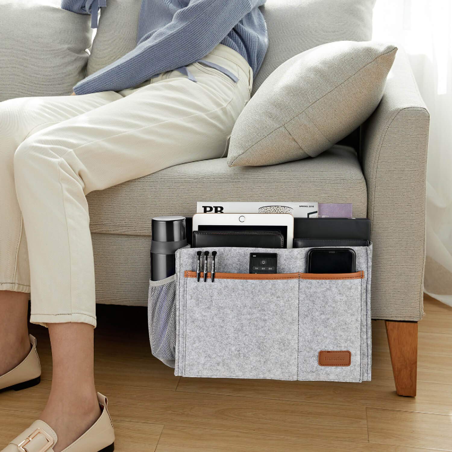 WantuSee Bedside Caddy, Felt Bed Storage Organizer Hanging Bag Holder with 5 Pockets, Magazine Book