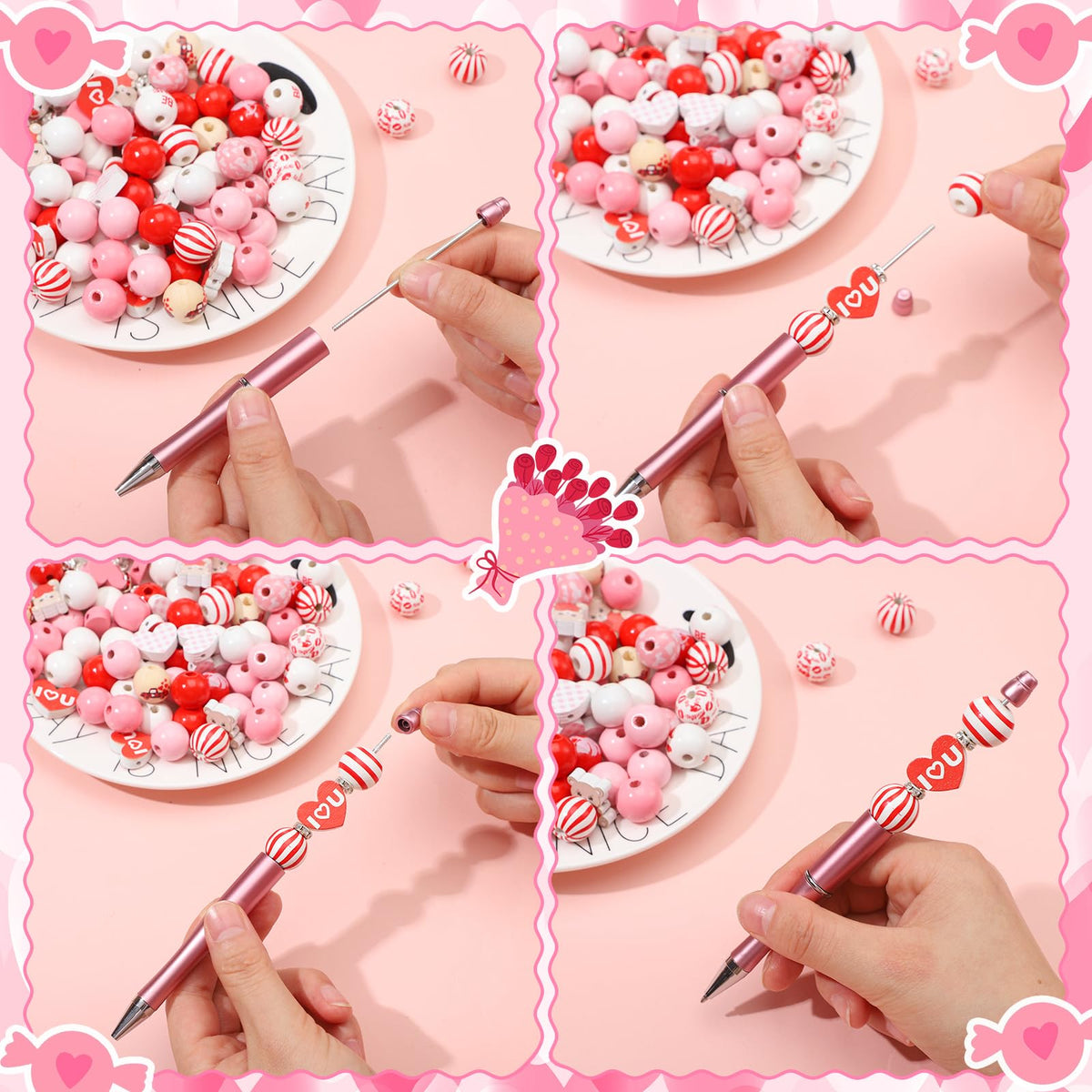 Zhanmai 197 Pcs Valentine‘s Day DIY Beadable Pens Kit 24 Plastic Ballpoint Pen with 101 Assorted