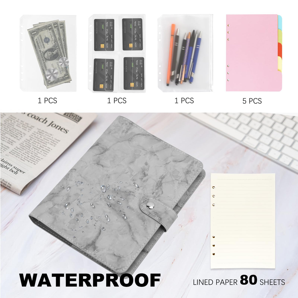 FYY A5 Binder Refillable Planner Notebook 6 Ring, Marble Grey