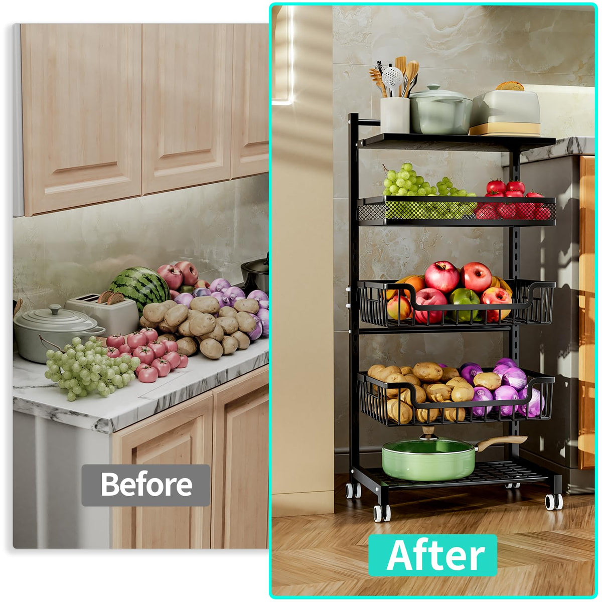 HapiRm Fruit Basket Kitchen Cart - 5 Tier Adjustable Vegetable Storage Rack, Large Capacity Rolling