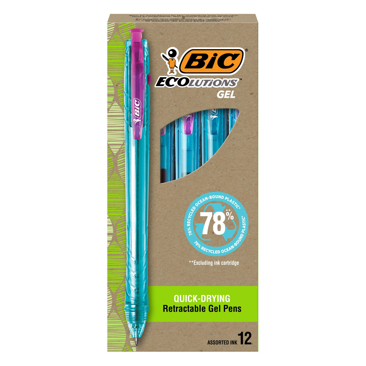 BIC Ecolutions Ocean-Bound Plastic Gel Pens, 12-Count Pack, Medium Point