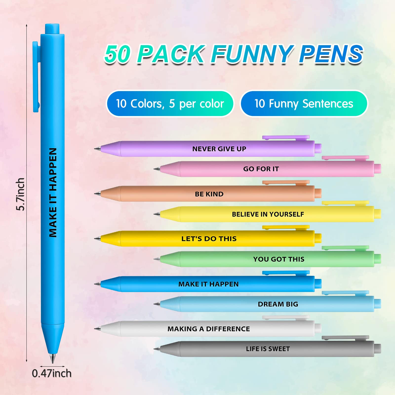 Epakh 50 Pcs Funny Pens Bulk, Inspirational, Macaron Color