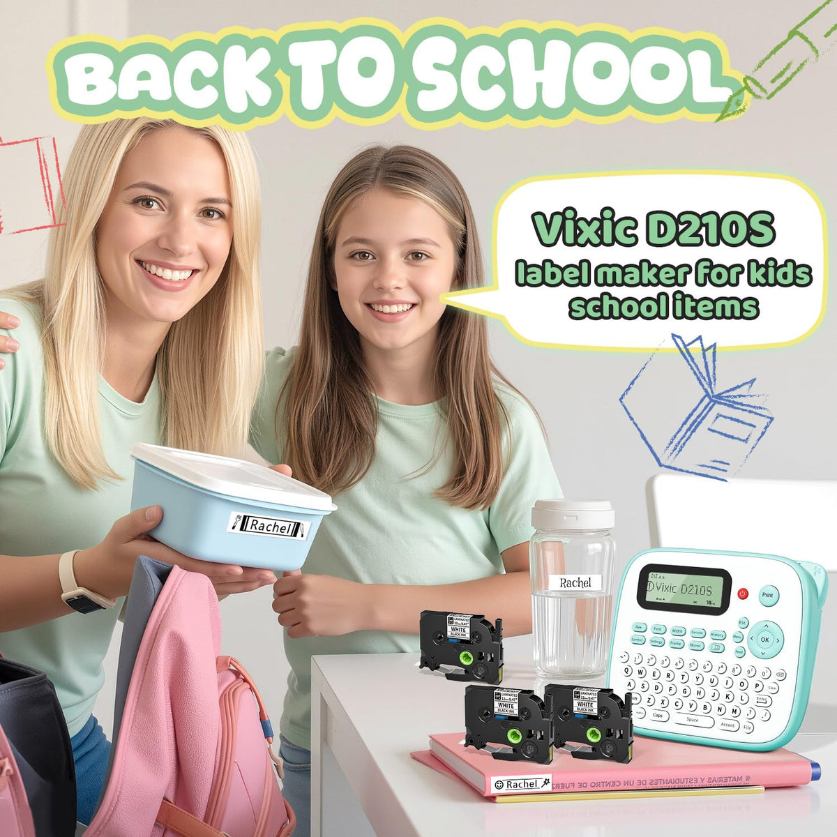 Vixic Label Maker, D210S Label Maker Machine with 4 Tapes, Keyboard Labeler
