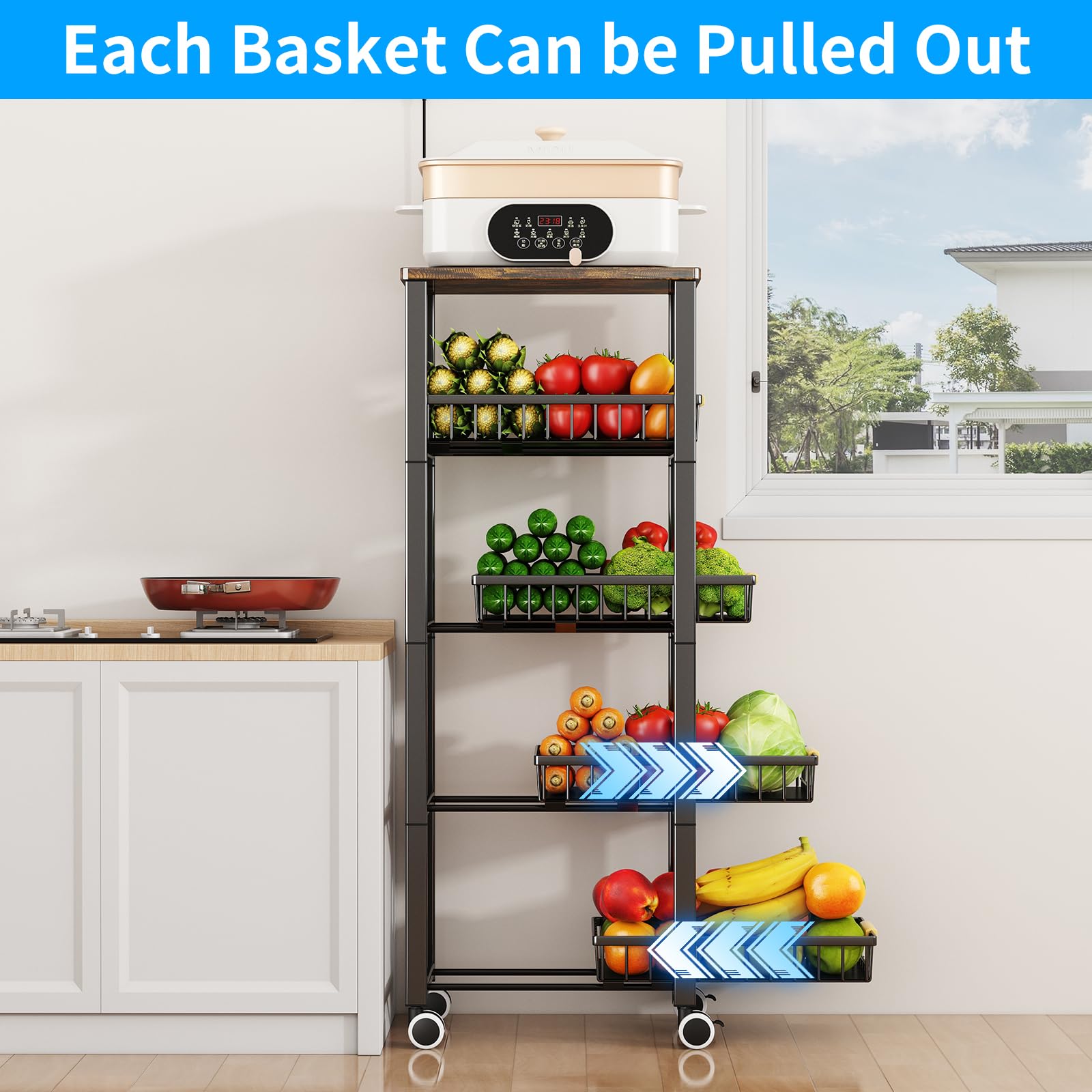 Fruit Vegetable Storage Basket for Kitchen, 5 Tier Large Pull-Out Metal Wire Baskets with 4 Pack
