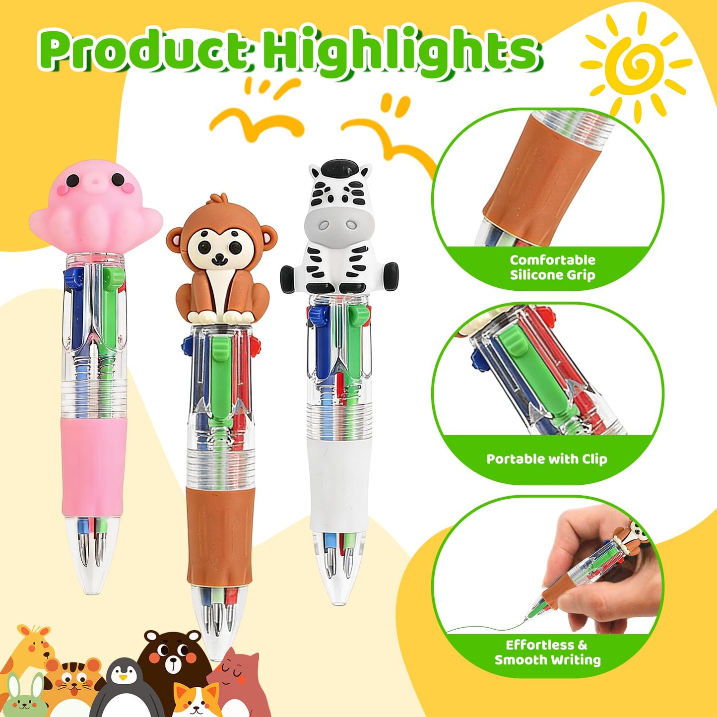 Zhirlyn Animal Party Favors Animal Pens Multicolor Pen in One Cute Fun 4-in-1 Pens Bulk Cool