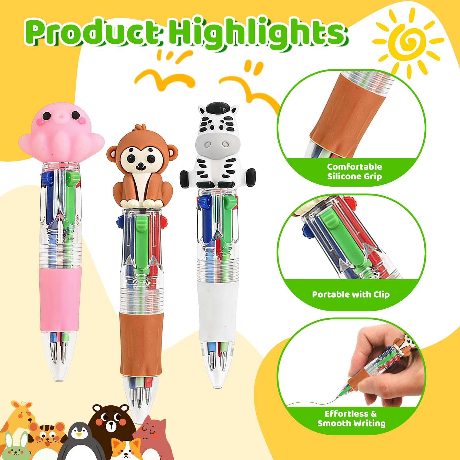 Zhirlyn Animal Party Favors Animal Pens Multicolor Pen in One Cute Fun 4-in-1 Pens Bulk Cool