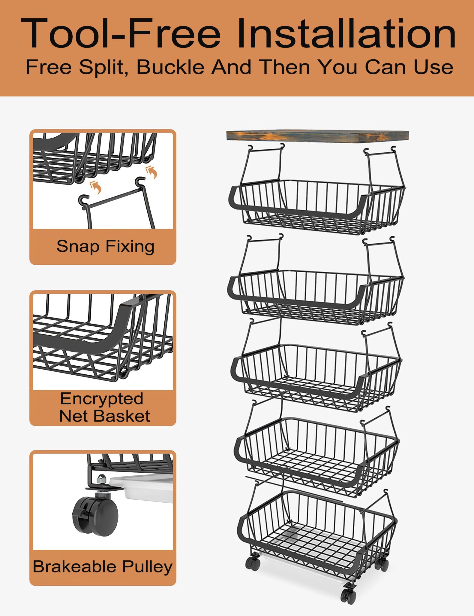 MURRI&MURRDI Fruit Vegetable Storage Basket with Wooden Lid, 6 Tier Stackable Wire Kitchen Cart