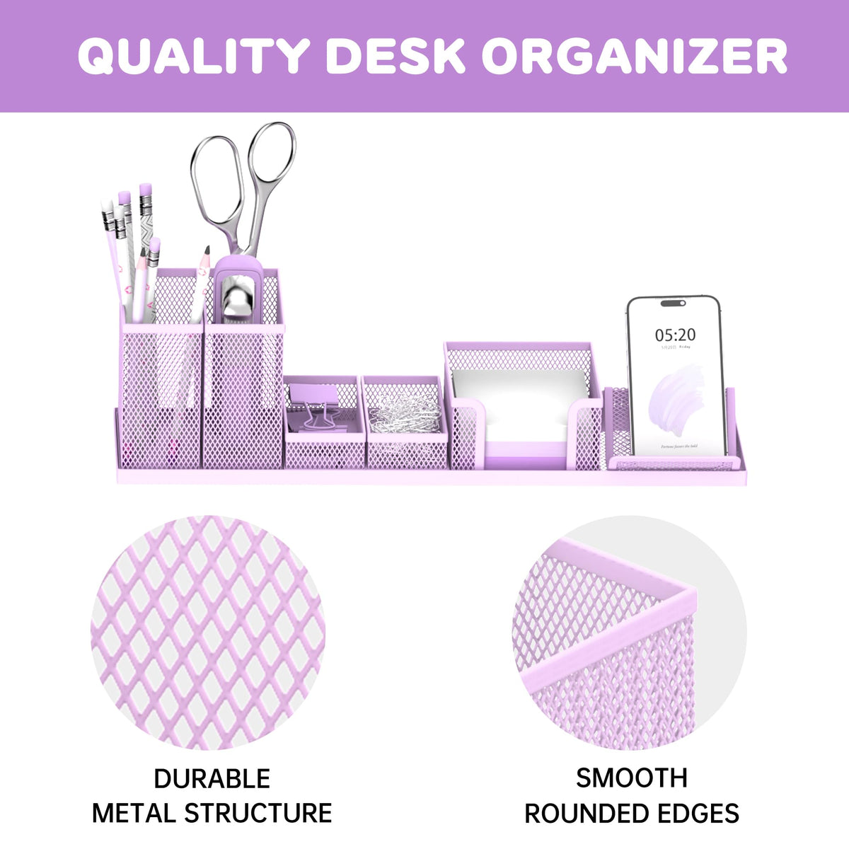 Pen Holder for Desk, 6-Piece Mesh Desk Organizer with Phone Holder, Purple