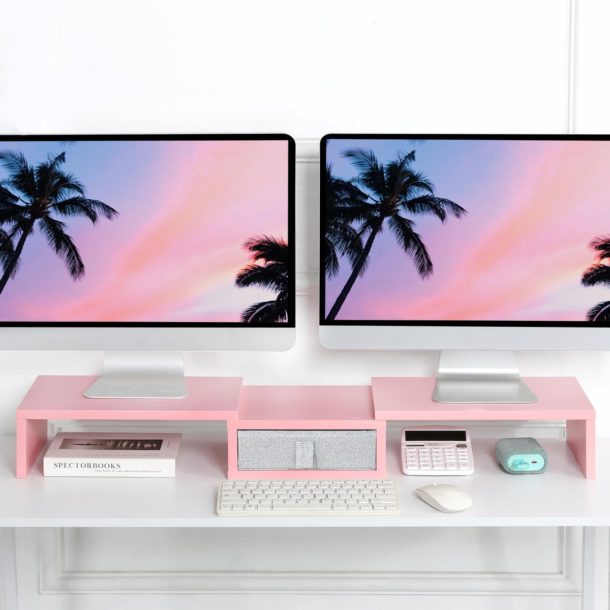 TEAMIX Pink Dual Monitor Stand Riser with Drawer - Length and Angle Adjustable Double Corner Desk