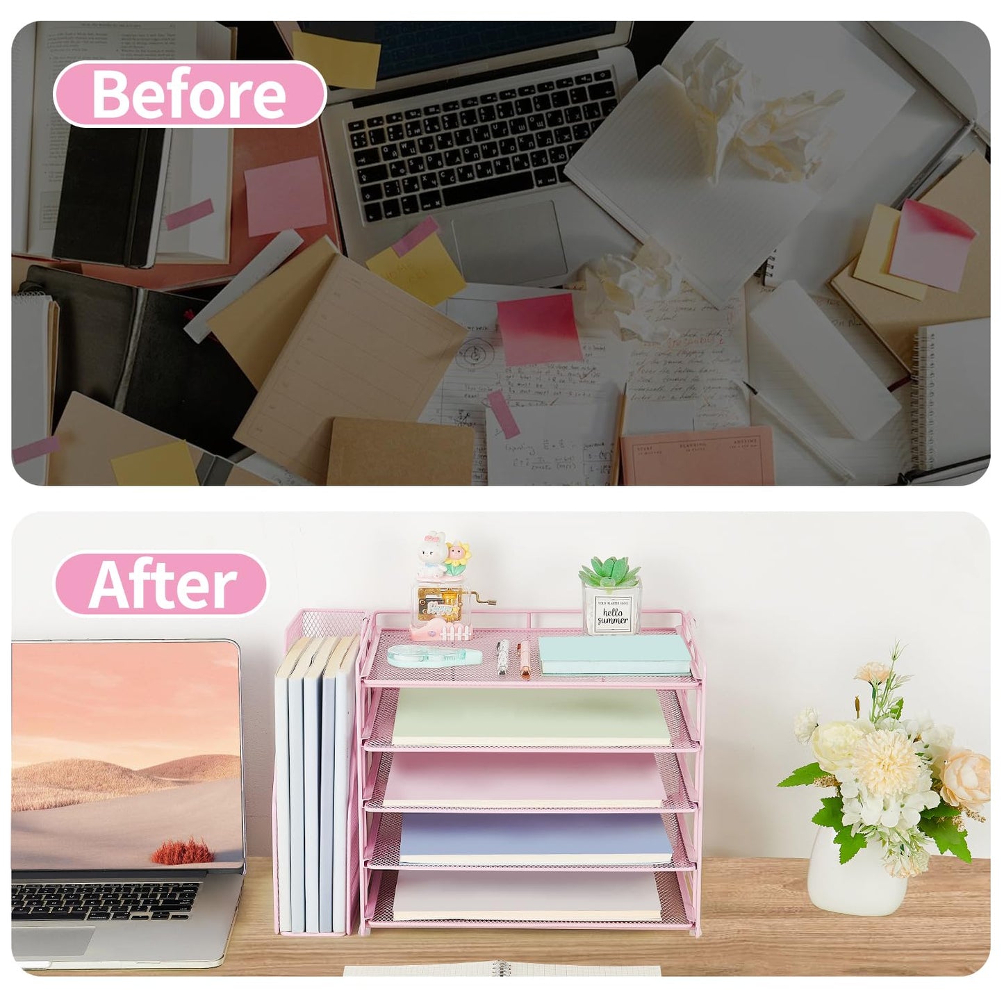 AUPSEN Pink Desk Organizers and Accessories, 5-Tier Desktop Paper File Organizer with Removable