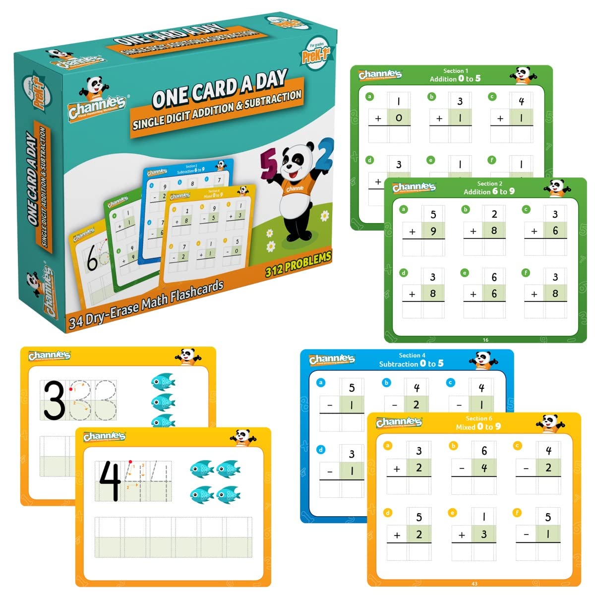 Channie’s One Card a Day Single Digit Addition and Subtraction Flash Cards, 34 Dry Erase Pre K