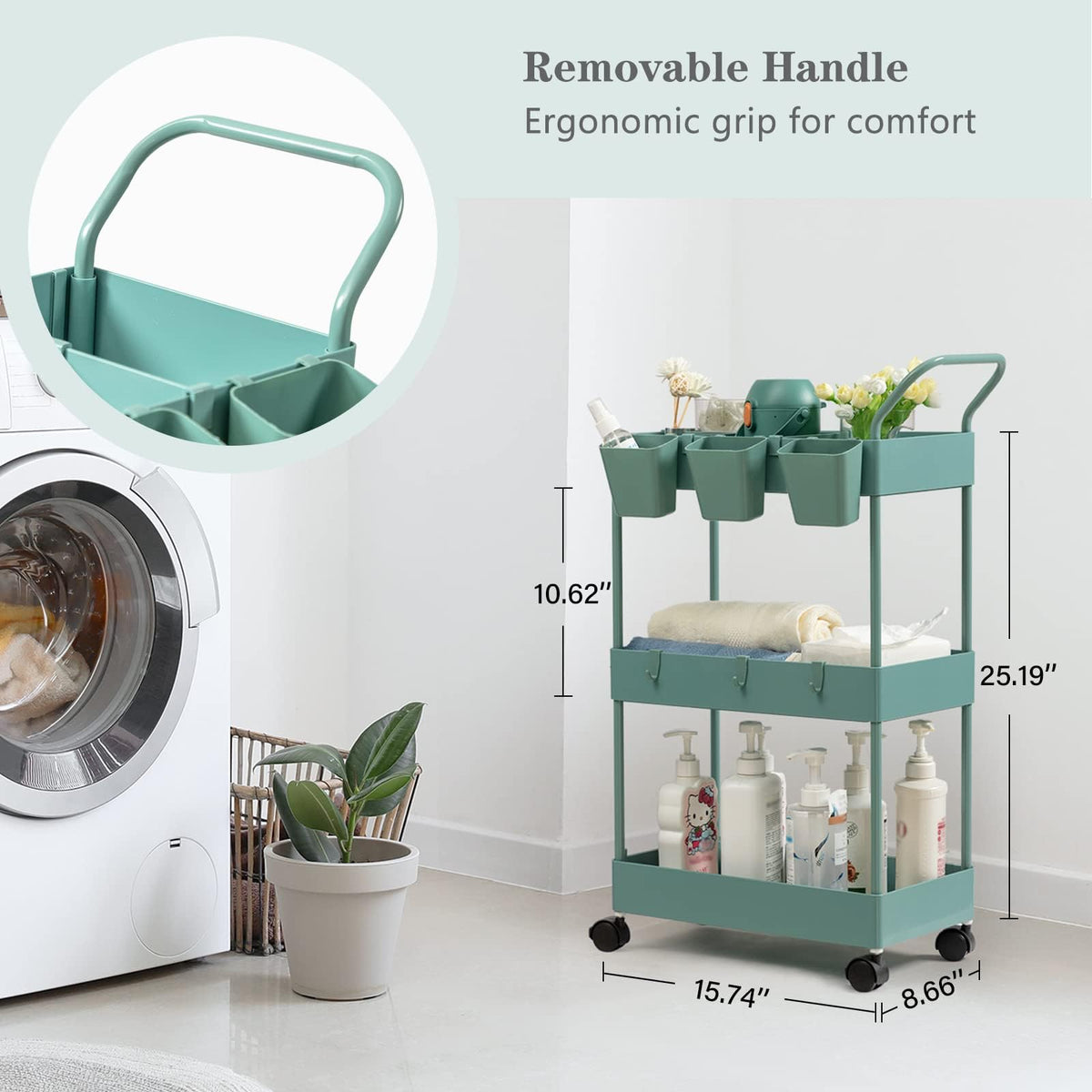 danpinera Storage Cart on Wheels, 3 Tier Bathroom Cart Organizer Slim Laundry Narrow Shelf with