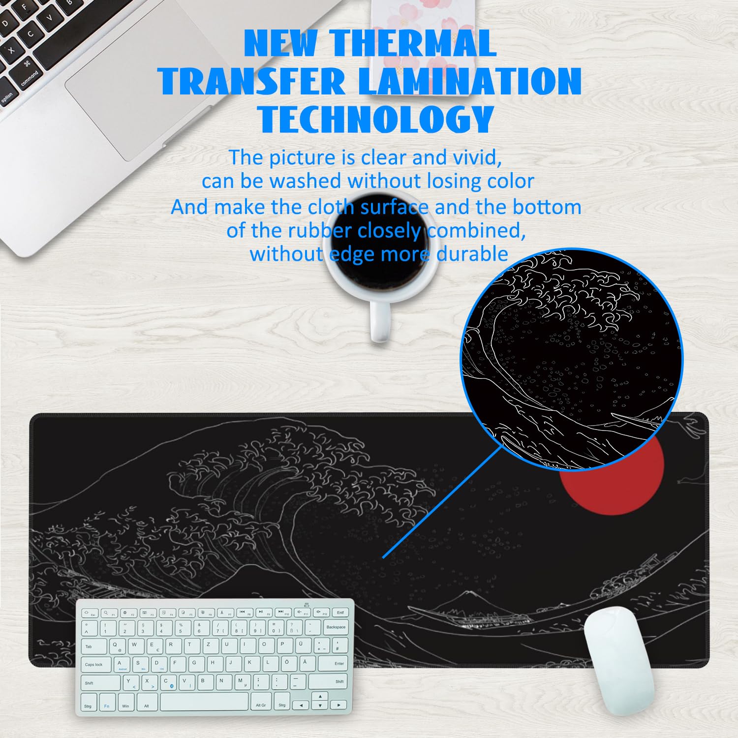 Desk Mat, Black Japanese Style Wave and Red Sun Extended Gaming Mouse Pad Large, 31.5"x11.8" Big