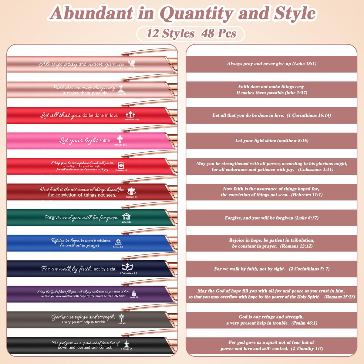 Chuangdi 48 Pcs Bible Verse Pens Bulk Black Ink Pens, Colorful
