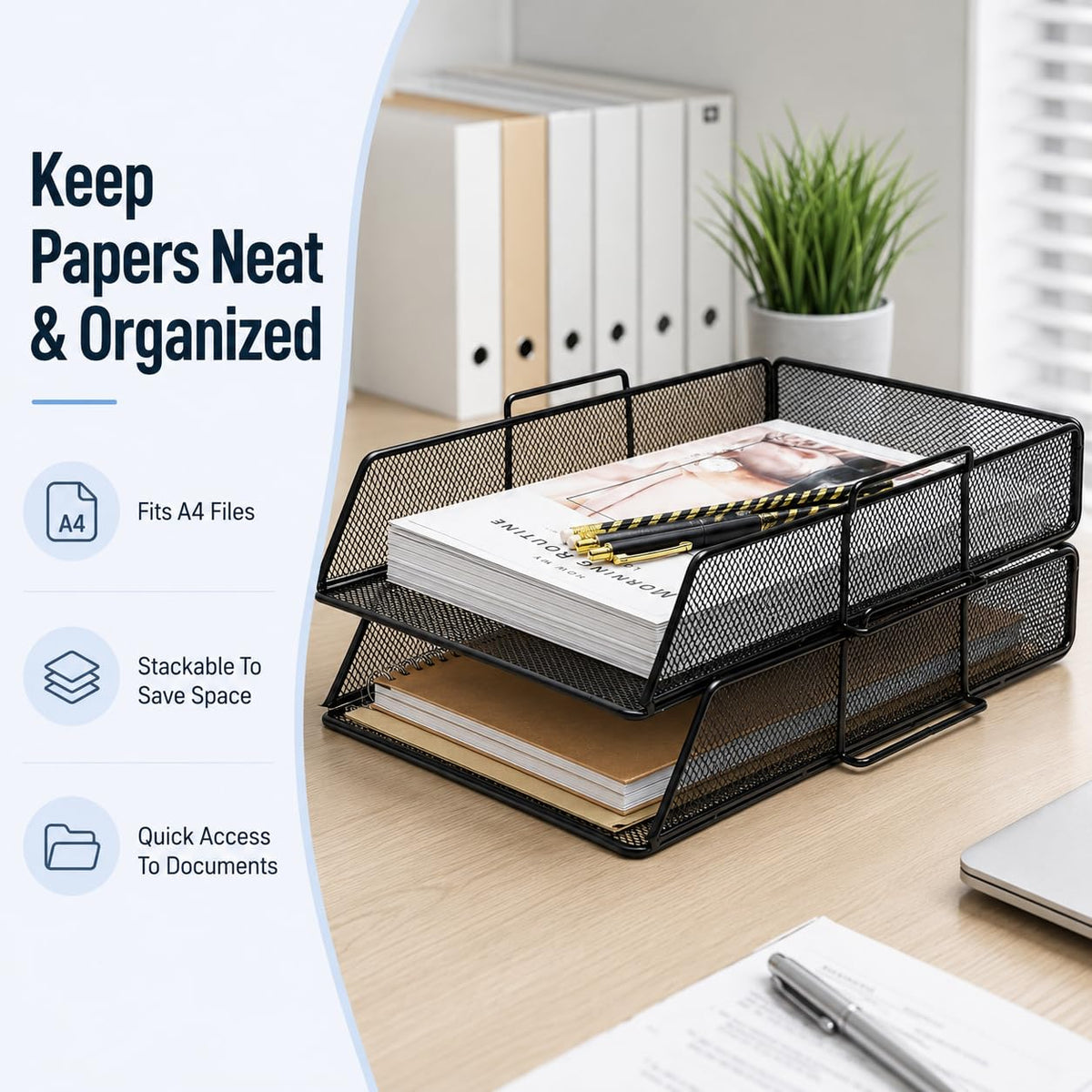 Exerz Paper Sorter Stackable/Desk Letter Tray A4 File Holder 2pcs - Wire Mesh - Office, School