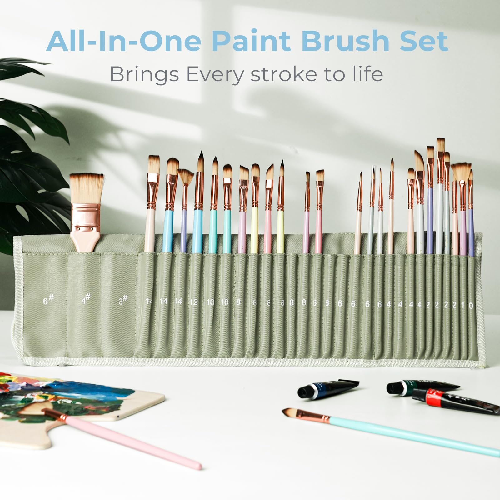 Nicpro 30pcs Paint Brush Set, Aesthetic Pastel Paintbrushes with Paint Spatula and Cloth Roll