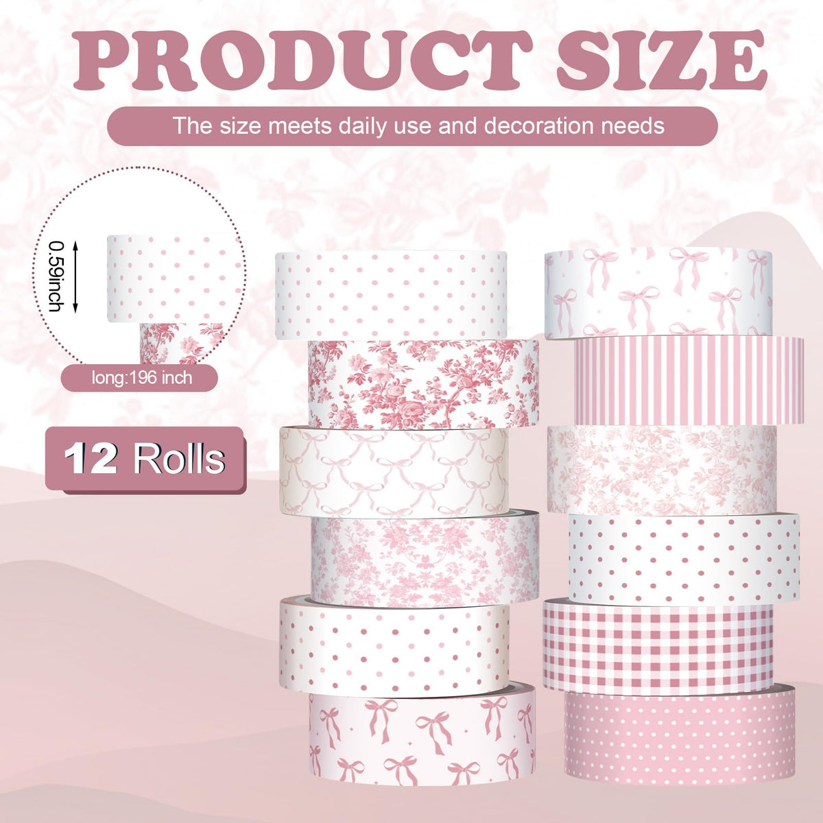 YooNotee 12 Rolls Floral Washi Tape Set,Pink,Bows and Polka Dots