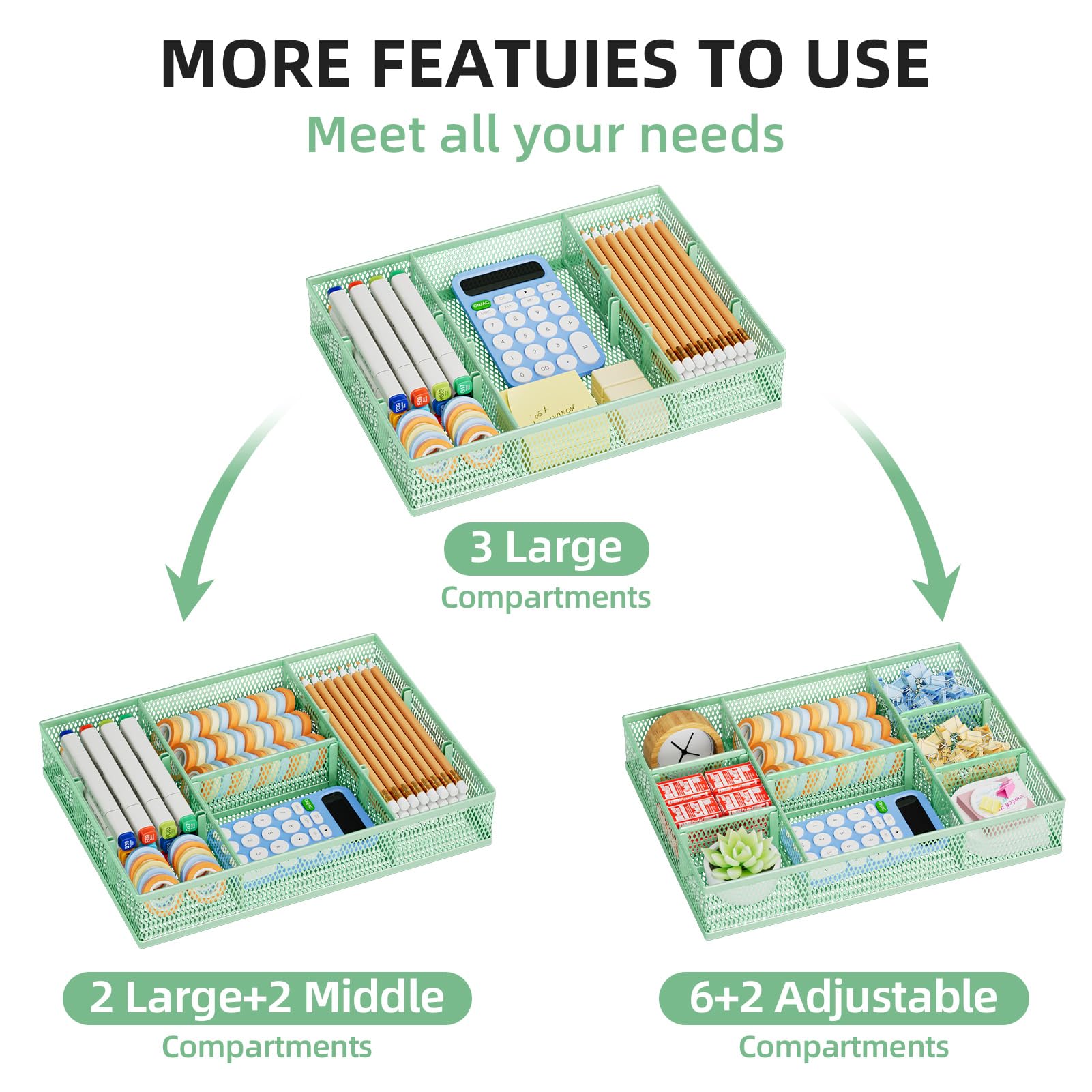 Marbrasse 2 Pack Desk Drawer Organizer, Mesh Drawer Organizer Tray with 8 Adjustable Compartments
