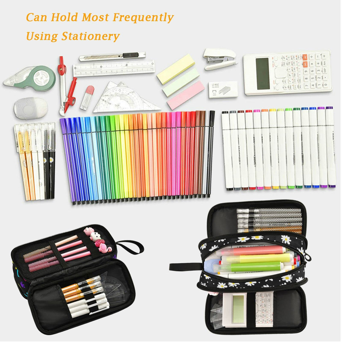 Fustylead Little Daisy Pencil Pen Case 3 Compartments, Lightweight & Spacious Pencil Pouch Zipper