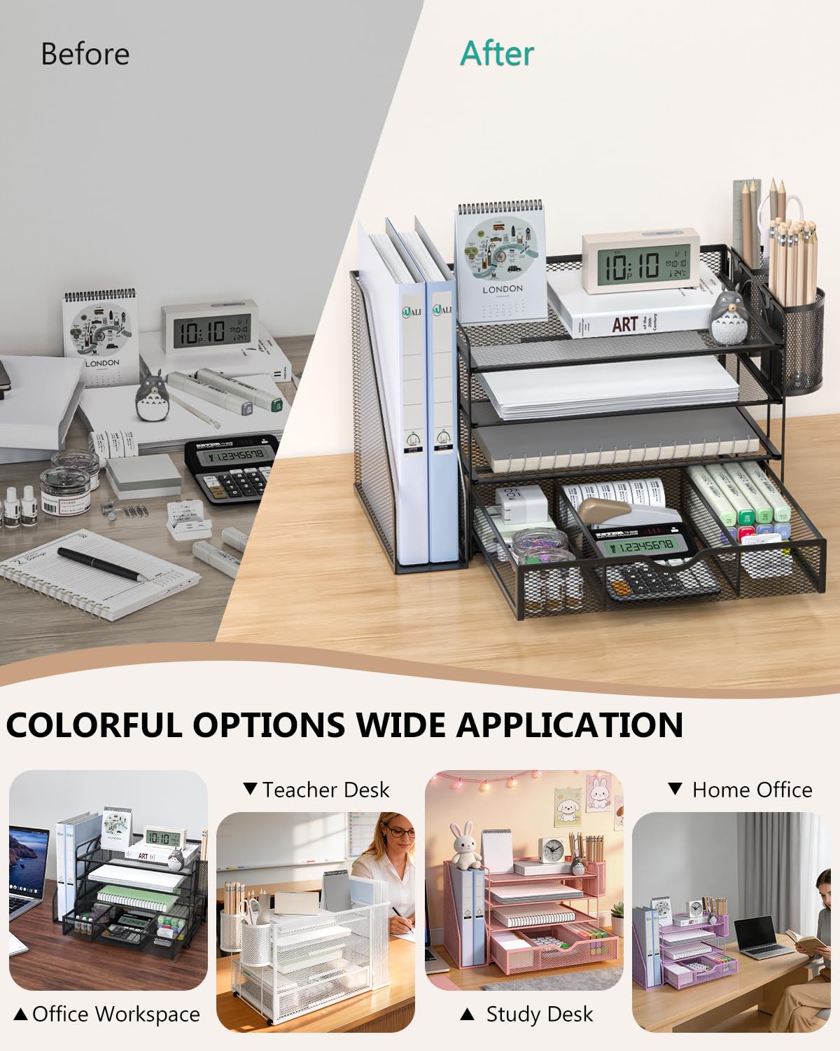 WALI Desk File Organizer, 4 Tier Desktop Paper Letter Tray Organizer with Drawer and 2 Pen Holders