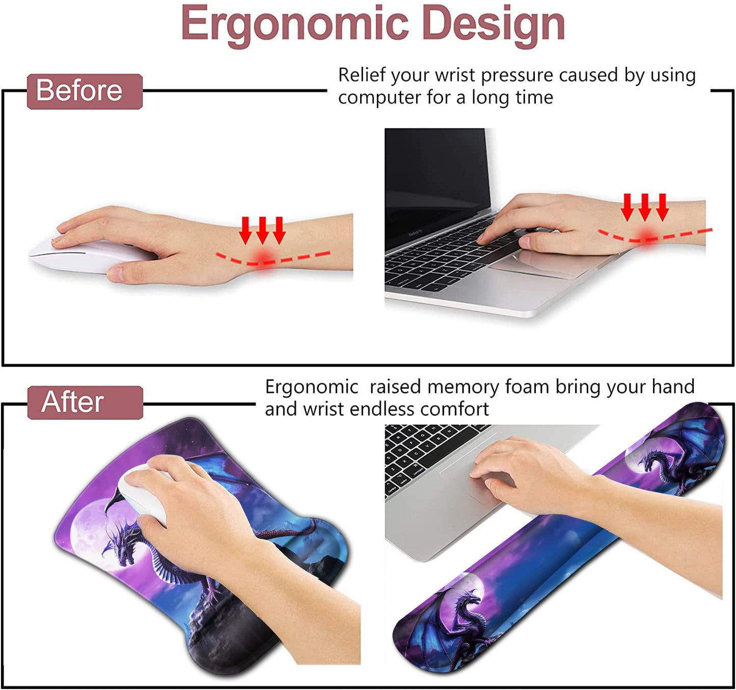 Mouse Pad with Wrist Support, Office Easy Typing, Games, to Relieve Fatigue, Non-Slip and Durable