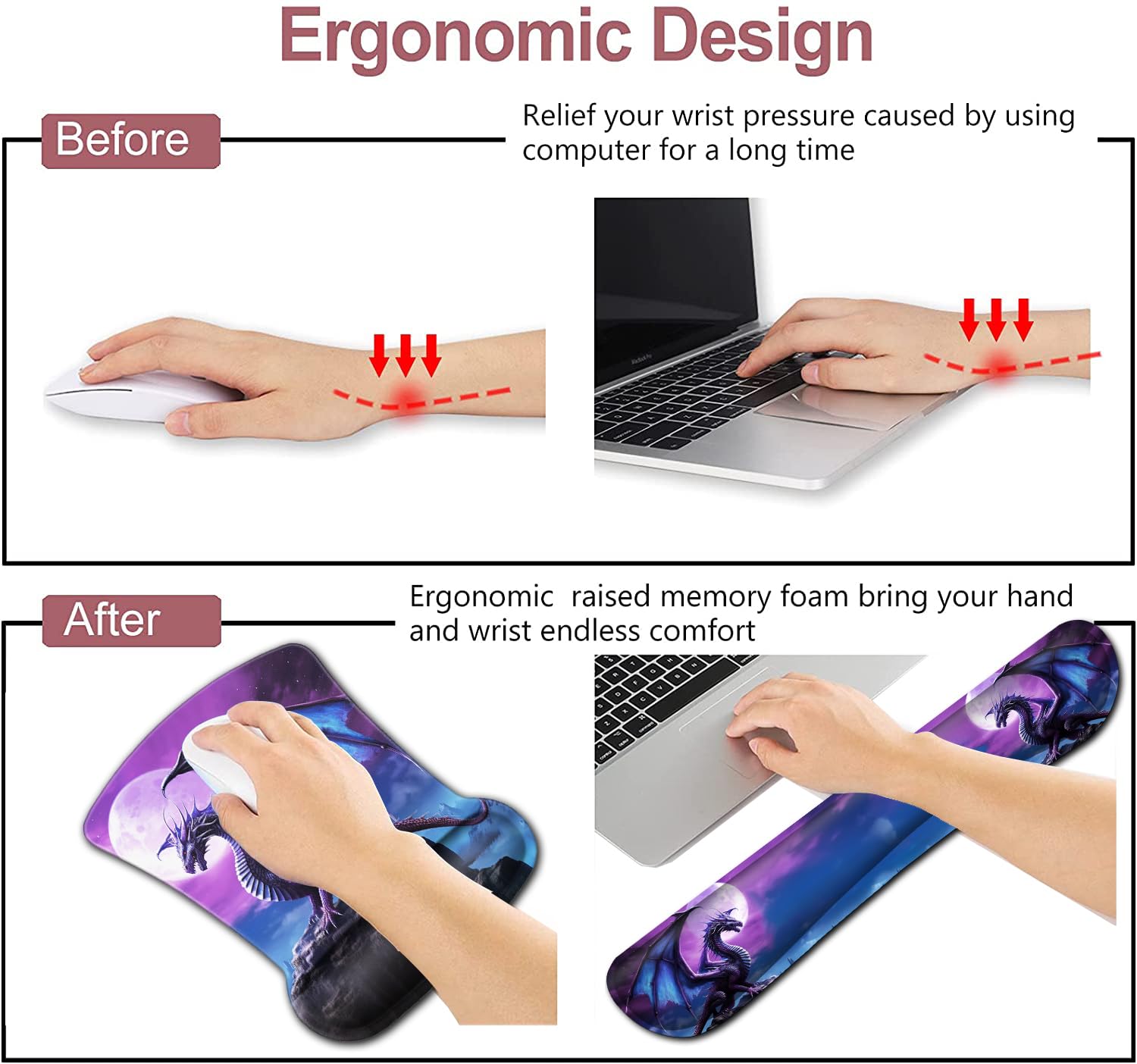 Mouse Pad with Wrist Support, Office Easy Typing, Games, to Relieve Fatigue, Non-Slip and Durable