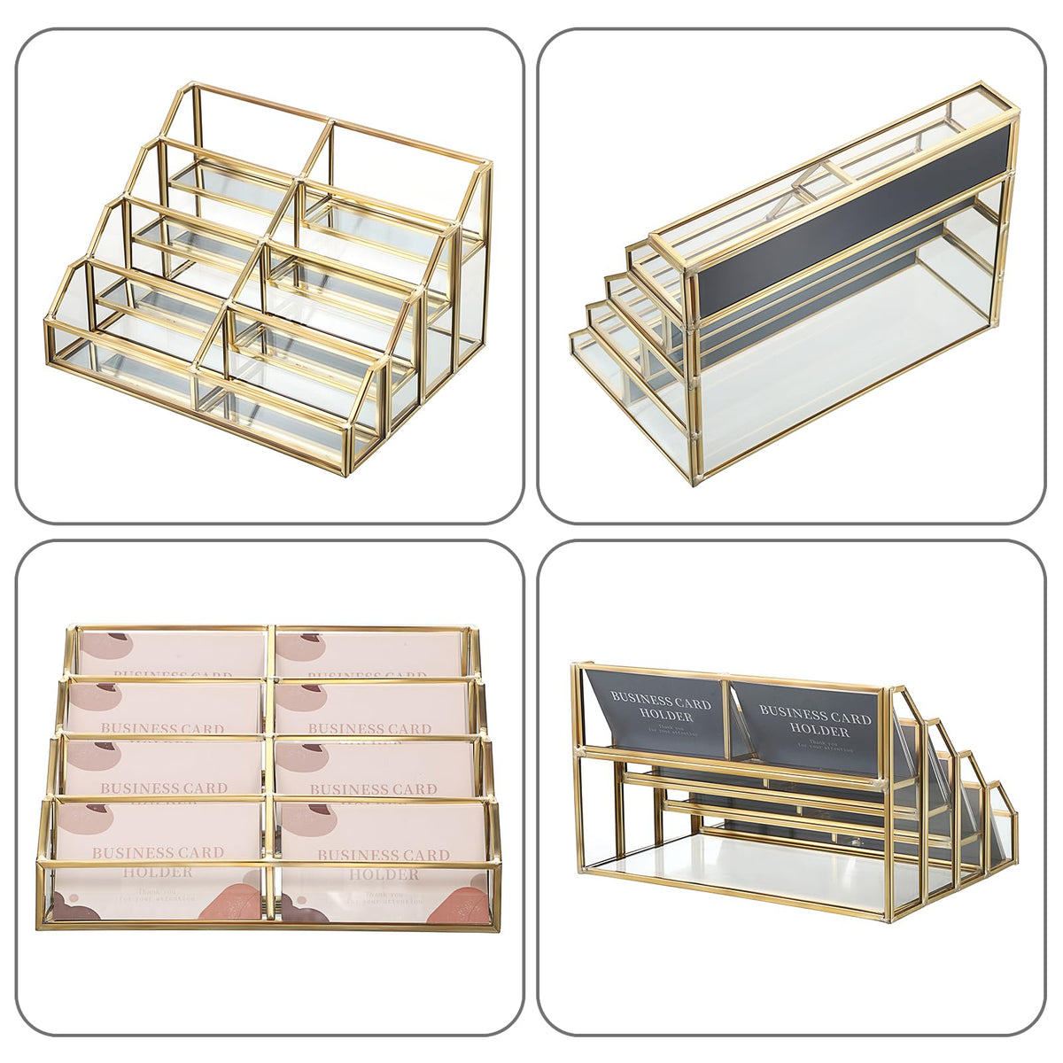 Hipiwe Mirrored Glass Business Card Holder 8-Slot Gold Card Display Stand