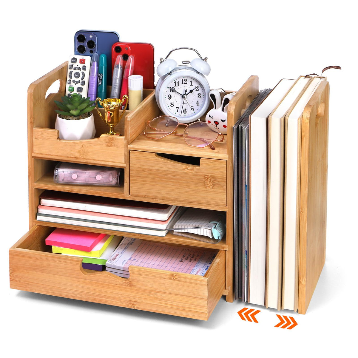 ZOOFOX Bamboo Desk Organizer with Adjustable File Holder, Mail Organizer Countertop with Drawer