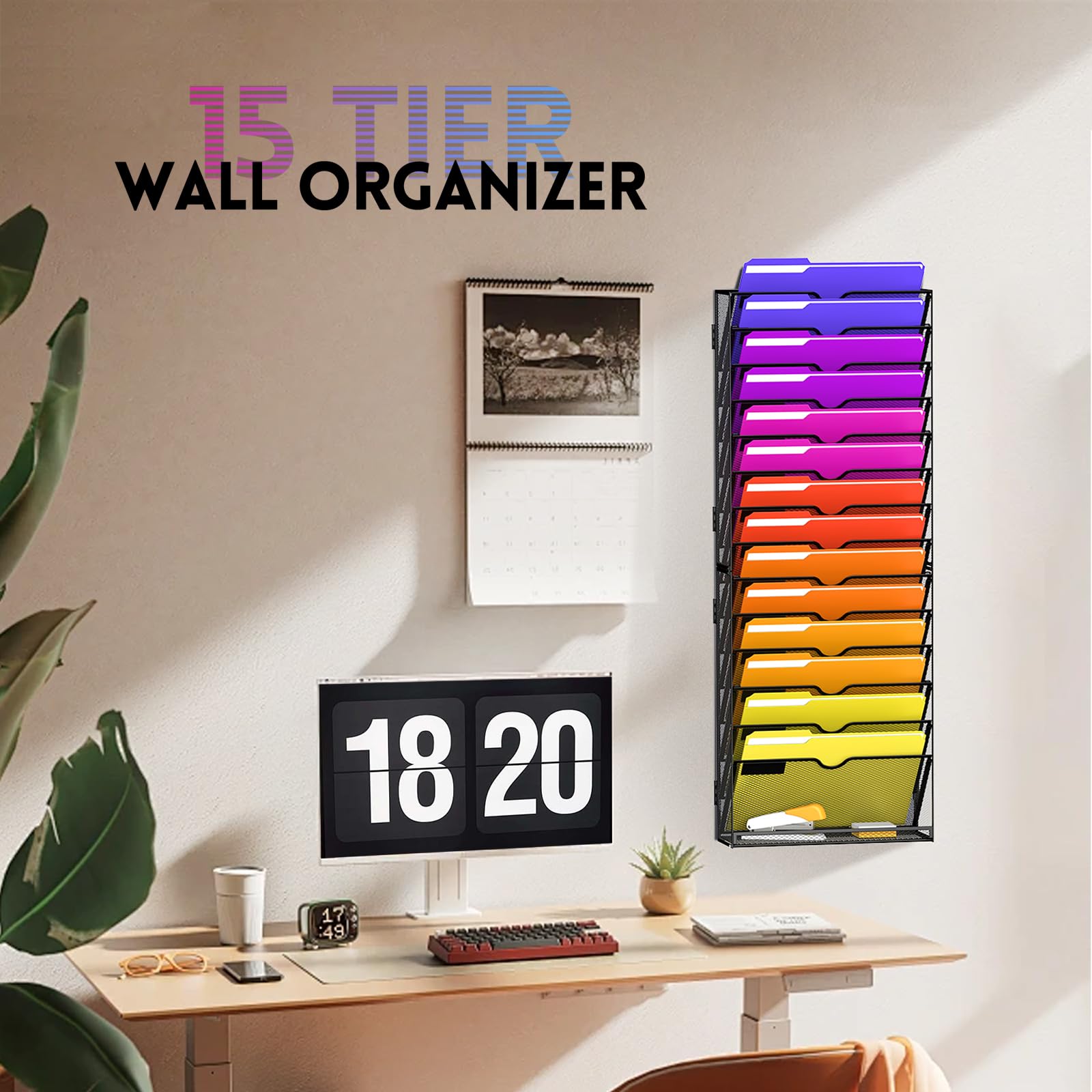 15-Tier Wall File Organizer and Hanging File Organizer with Base, Black