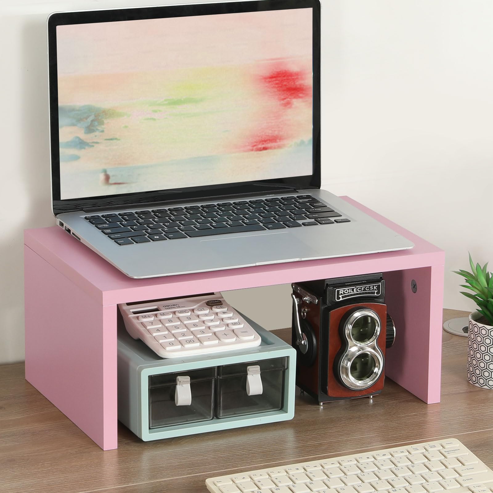 TEAMIX Pink Monitor Stand - 6.7 inch Tall, Wood Riser, Desktop Organizer