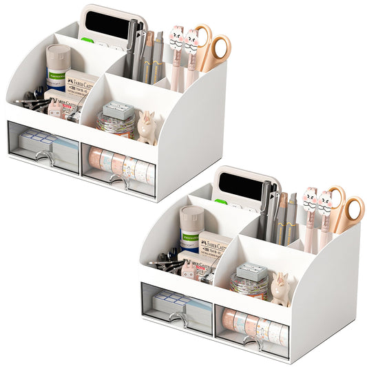 COMFYROOM Desk Organizer with 6 Compartments and 2 Drawers, Plastic Makeup Organizer, Pen Holder