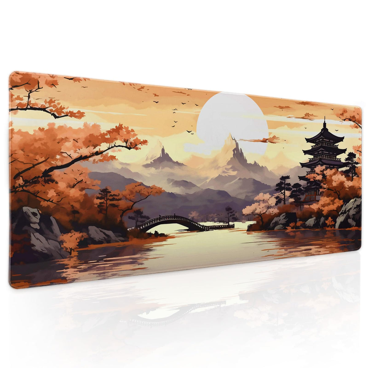 Orange Japanese Sakura Gaming Mouse Pad XL Yellow Cherry Blossom Mountain Aesthetic Large Desk Mat