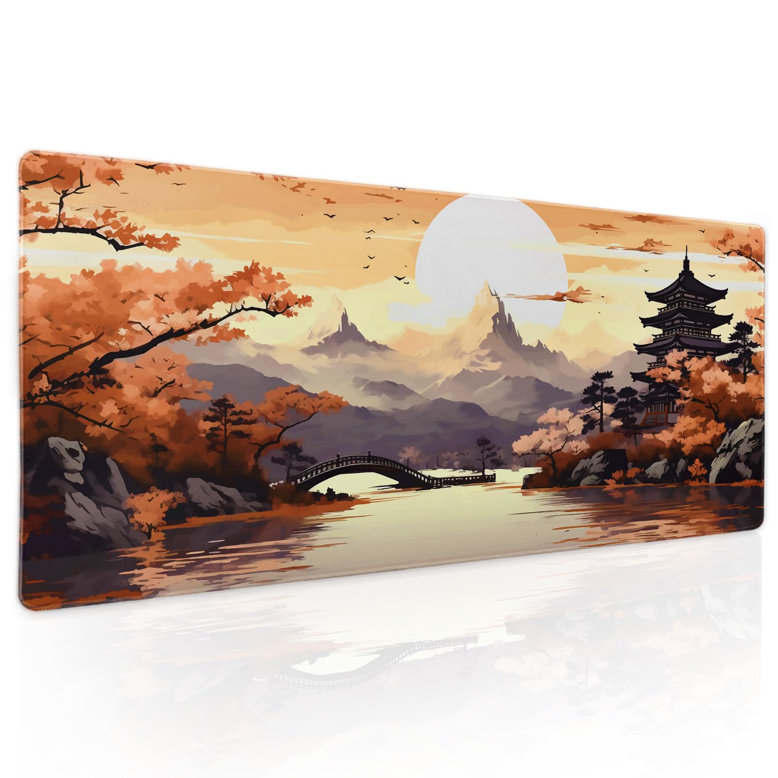 Orange Japanese Sakura Gaming Mouse Pad XL Yellow Cherry Blossom Mountain Aesthetic Large Desk Mat